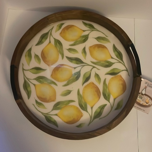 Gourmet Basics Lemon Rotating Tray, wood with iron handles. 16”L X 16”W X 2.75”H - Picture 7 of 17